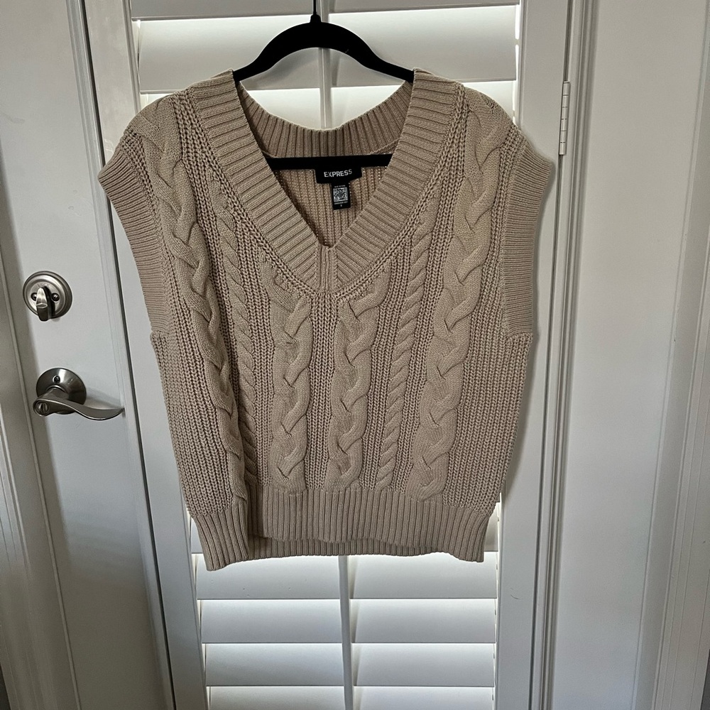 Express Tan V-Neck Cable Knit Sweater